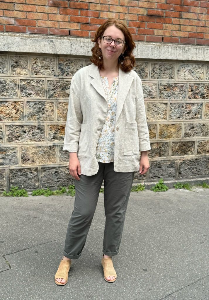 Day 1 Look: Linen Blazer with Gauze Blouse and Olive Pants